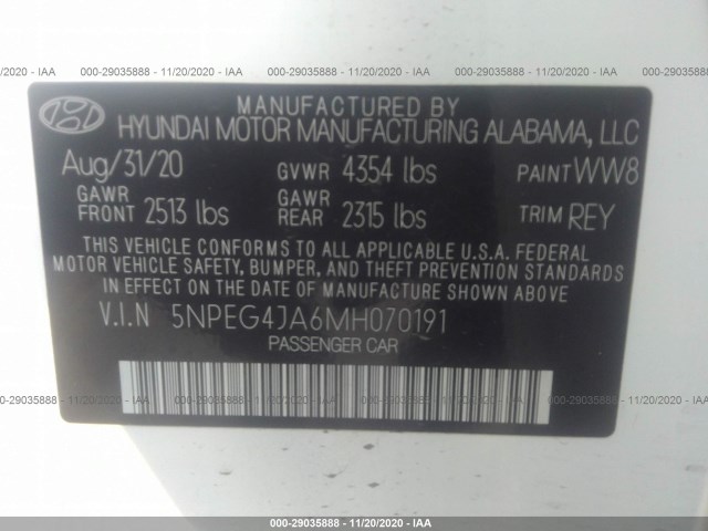 Photo 8 VIN: 5NPEG4JA6MH070191 - HYUNDAI SONATA 