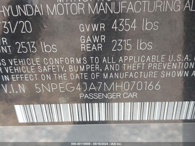 Photo 8 VIN: 5NPEG4JA7MH070166 - HYUNDAI SONATA 