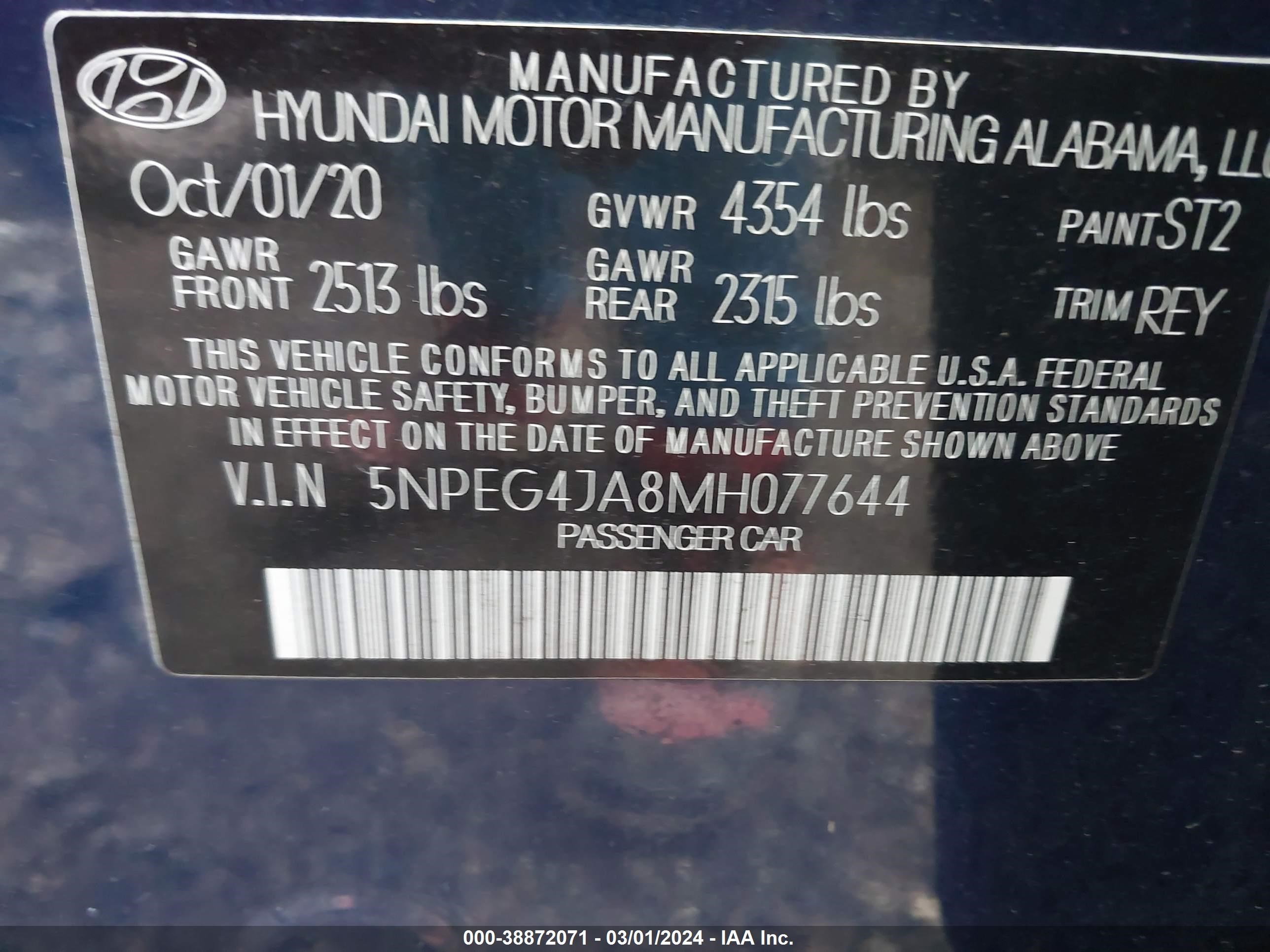 Photo 8 VIN: 5NPEG4JA8MH077644 - HYUNDAI SONATA 