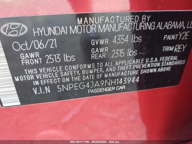 Photo 8 VIN: 5NPEG4JA9NH143944 - HYUNDAI SONATA 