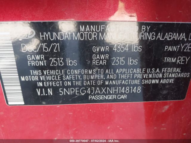 Photo 8 VIN: 5NPEG4JAXNH148148 - HYUNDAI SONATA 