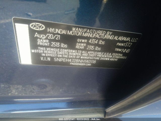 Photo 8 VIN: 5NPEH4J28NH140118 - HYUNDAI SONATA 