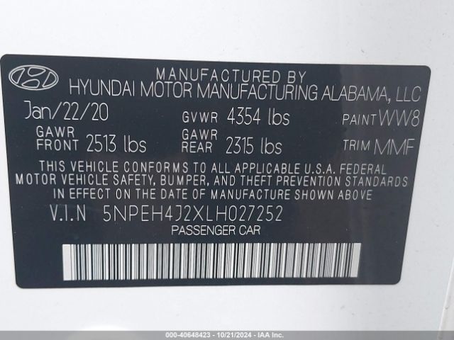 Photo 8 VIN: 5NPEH4J2XLH027252 - HYUNDAI SONATA 