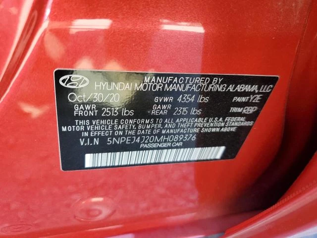 Photo 11 VIN: 5NPEJ4J20MH089376 - HYUNDAI SONATA SEL 