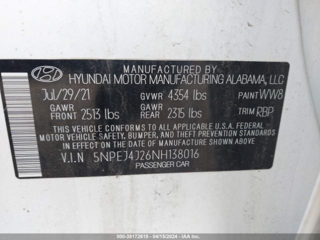 Photo 8 VIN: 5NPEJ4J26NH138016 - HYUNDAI SONATA 