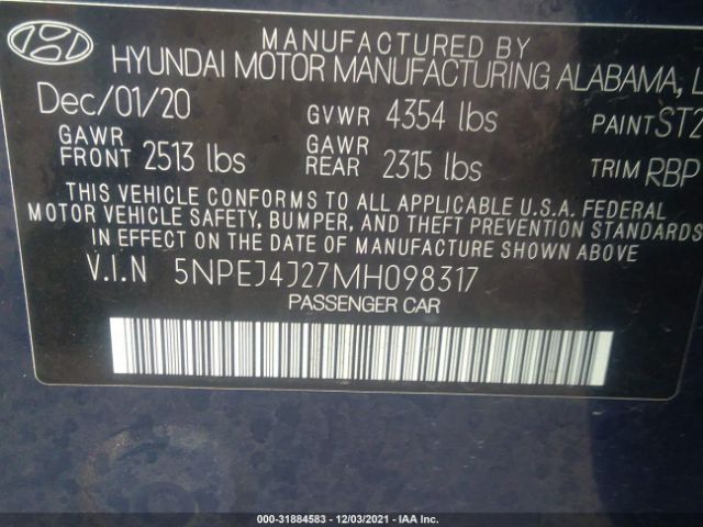 Photo 8 VIN: 5NPEJ4J27MH098317 - HYUNDAI SONATA 