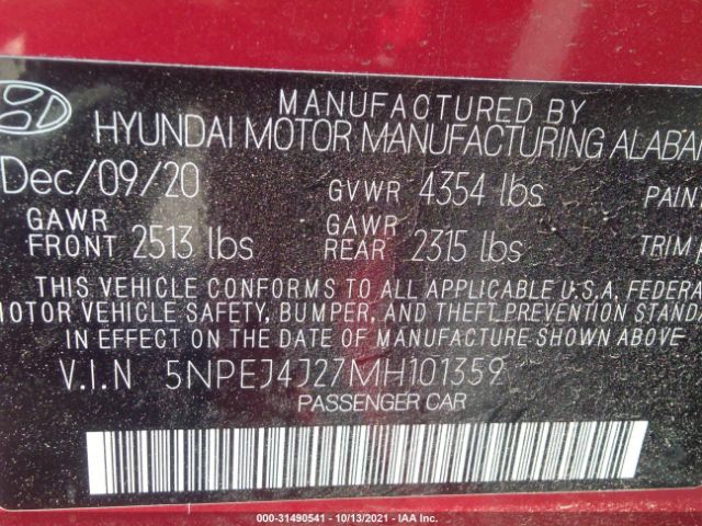 Photo 8 VIN: 5NPEJ4J27MH101359 - HYUNDAI SONATA 