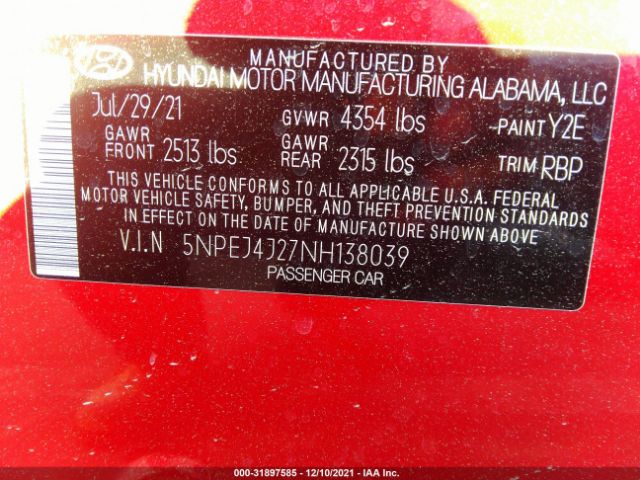 Photo 8 VIN: 5NPEJ4J27NH138039 - HYUNDAI SONATA 