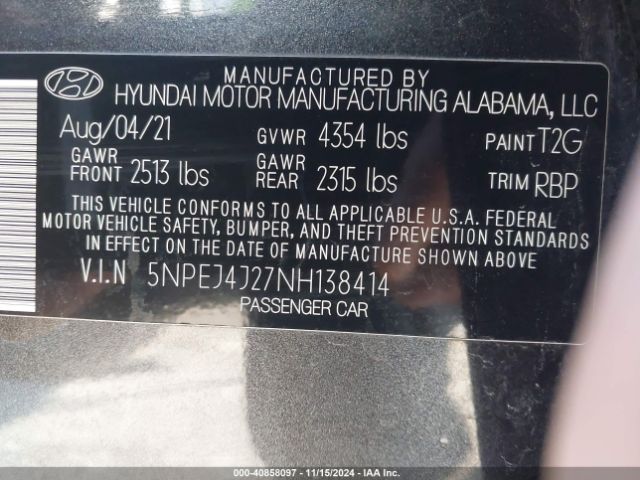 Photo 8 VIN: 5NPEJ4J27NH138414 - HYUNDAI SONATA 