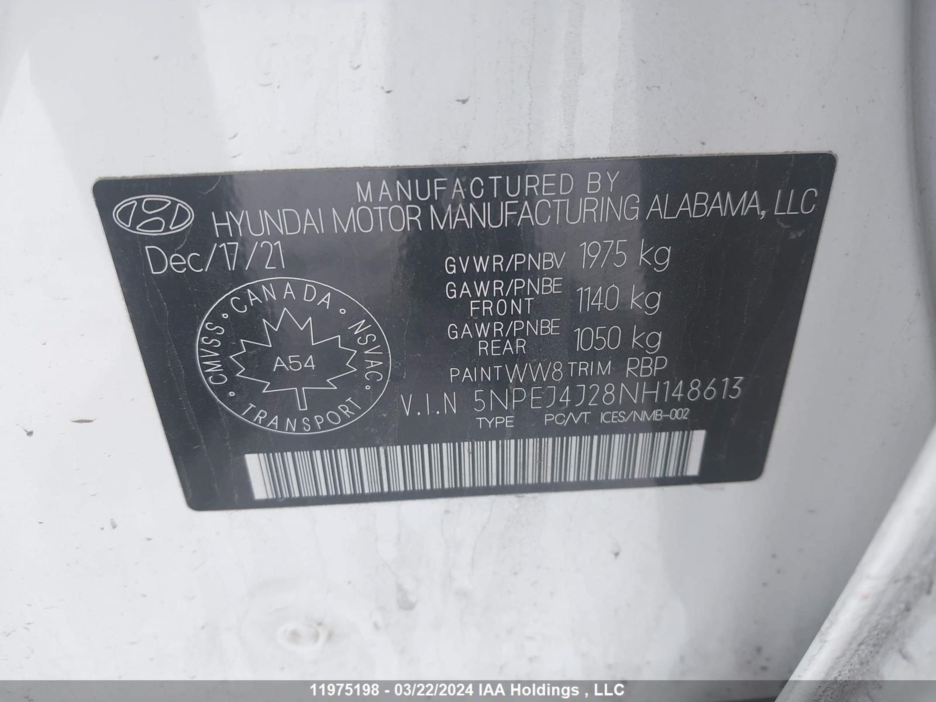 Photo 8 VIN: 5NPEJ4J28NH148613 - HYUNDAI SONATA 