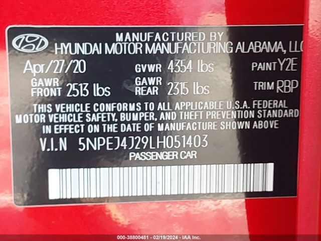 Photo 8 VIN: 5NPEJ4J29LH051403 - HYUNDAI SONATA 