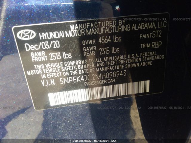 Photo 8 VIN: 5NPEK4JC2MH098943 - HYUNDAI SONATA 