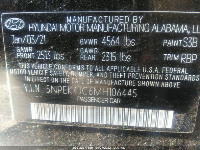 Photo 8 VIN: 5NPEK4JC6MH106445 - HYUNDAI SONATA 