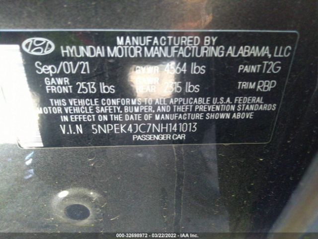 Photo 8 VIN: 5NPEK4JC7NH141013 - HYUNDAI SONATA 