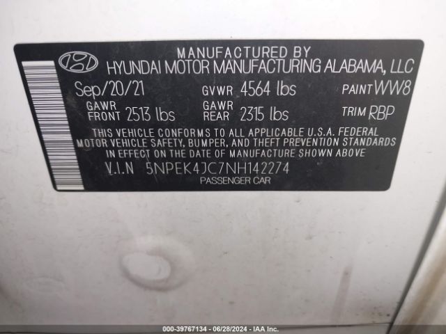 Photo 8 VIN: 5NPEK4JC7NH142274 - HYUNDAI SONATA 