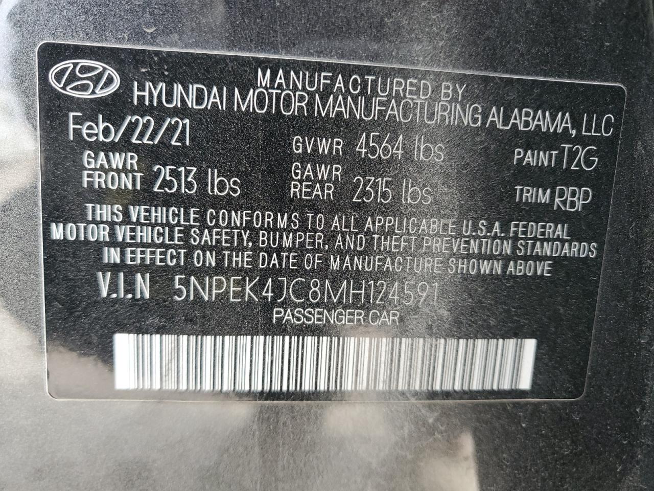 Photo 11 VIN: 5NPEK4JC8MH124591 - HYUNDAI SONATA 