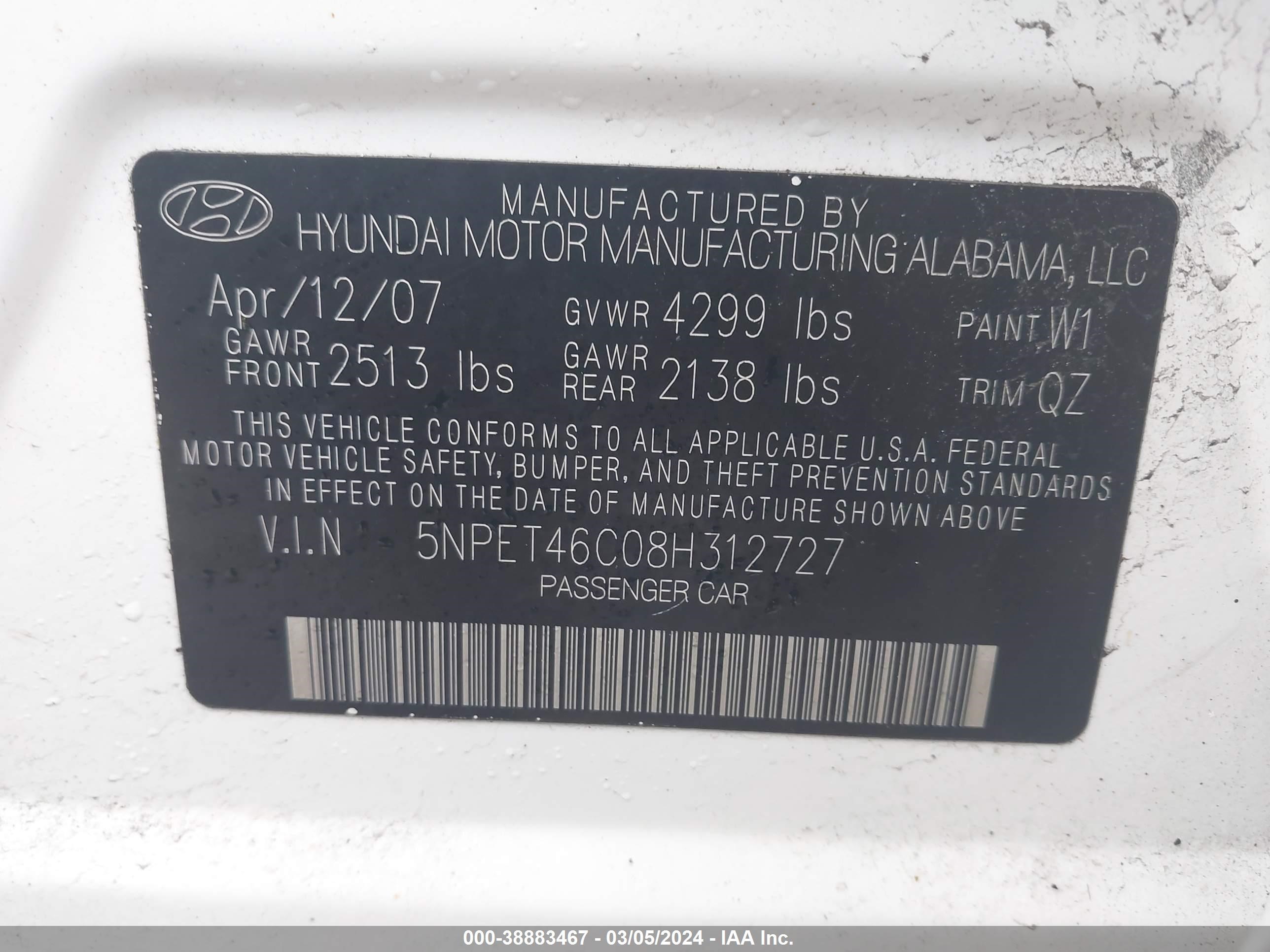 Photo 8 VIN: 5NPET46C08H312727 - HYUNDAI SONATA 