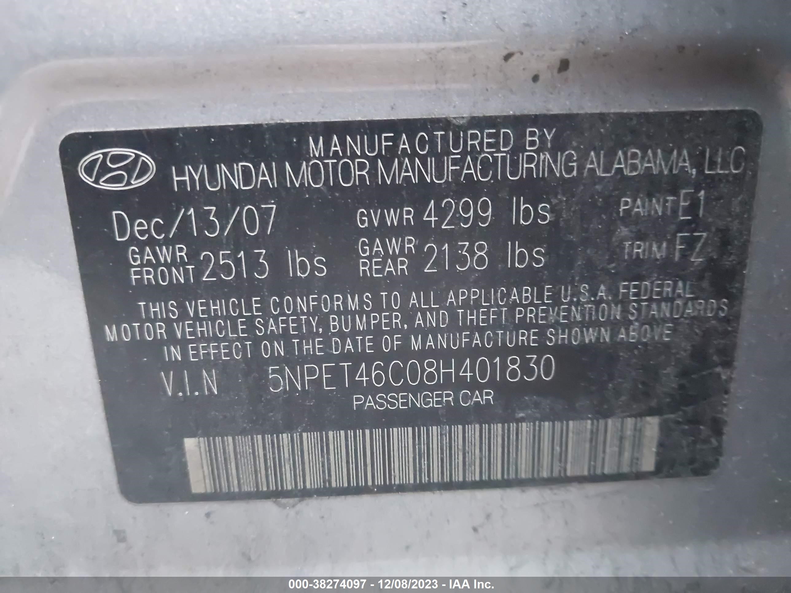 Photo 8 VIN: 5NPET46C08H401830 - HYUNDAI SONATA 