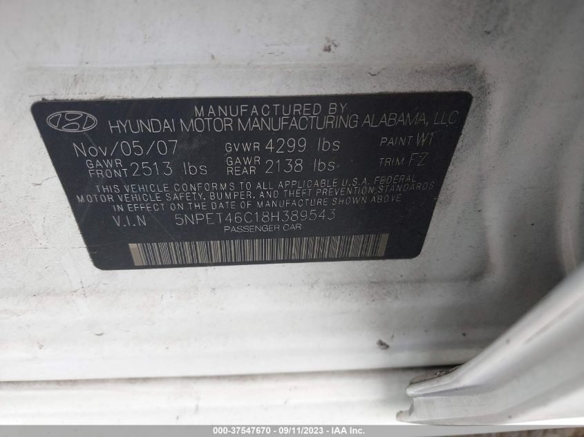 Photo 8 VIN: 5NPET46C18H389543 - HYUNDAI SONATA 