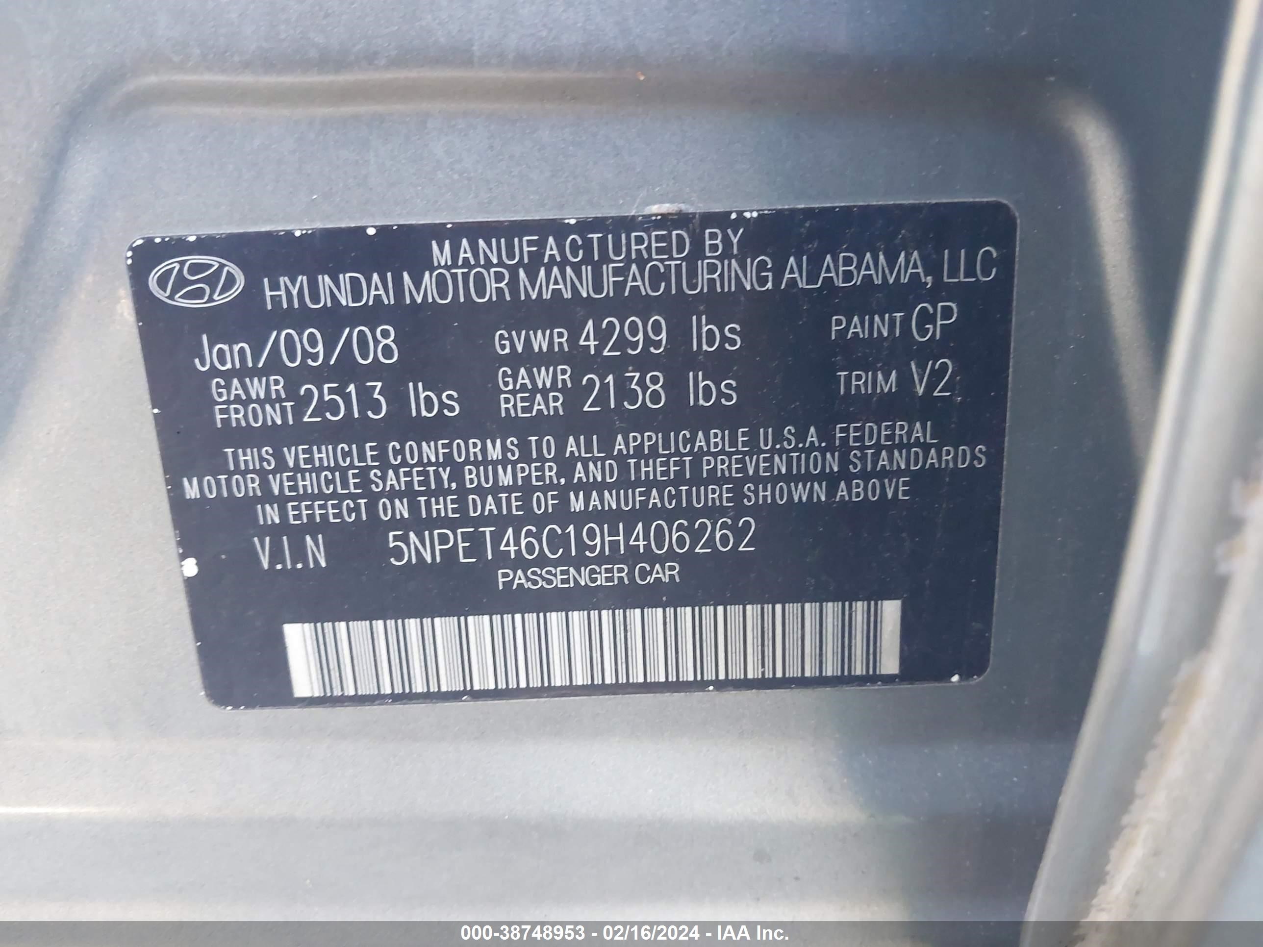 Photo 8 VIN: 5NPET46C19H406262 - HYUNDAI SONATA 