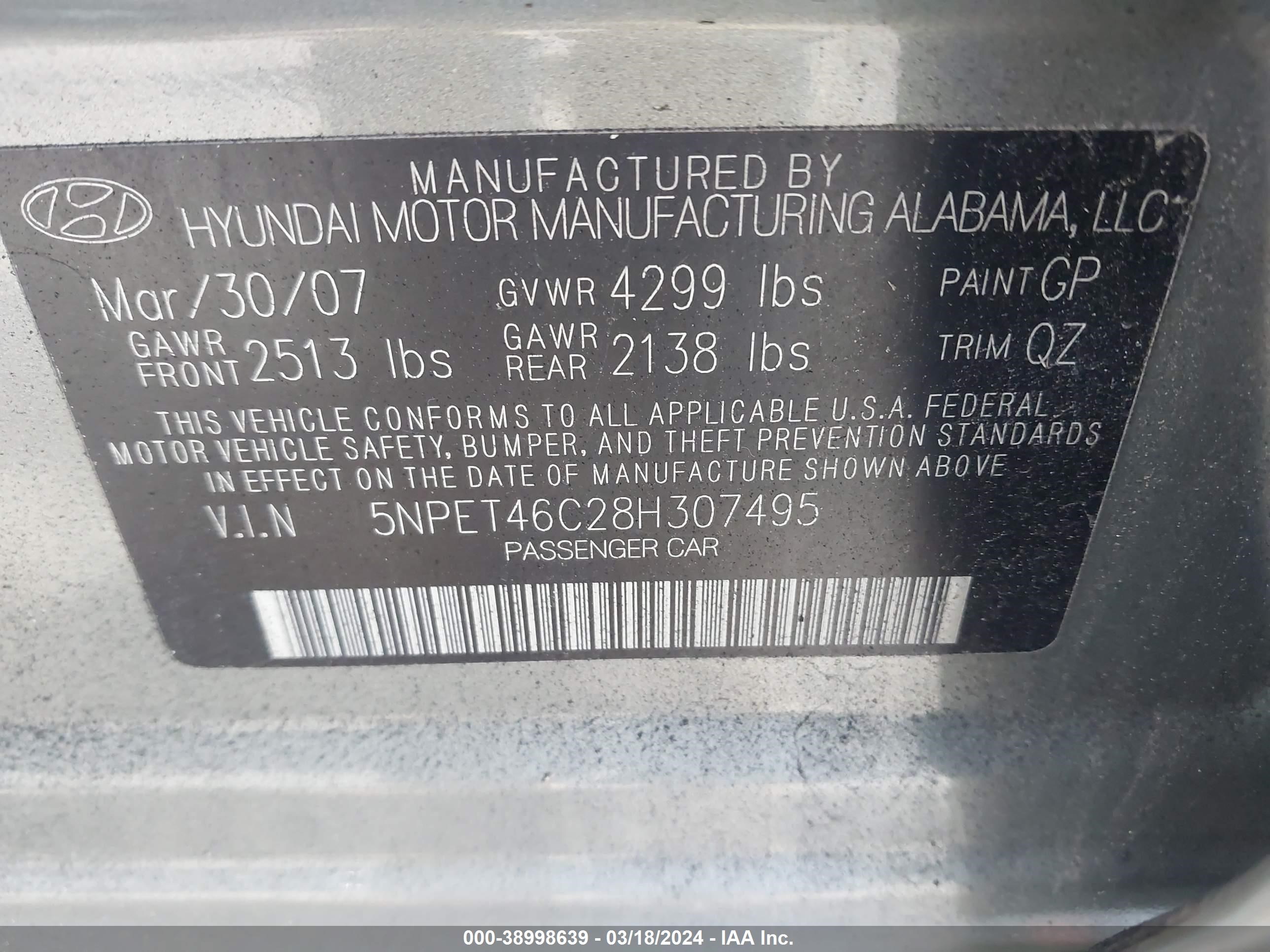 Photo 8 VIN: 5NPET46C28H307495 - HYUNDAI SONATA 