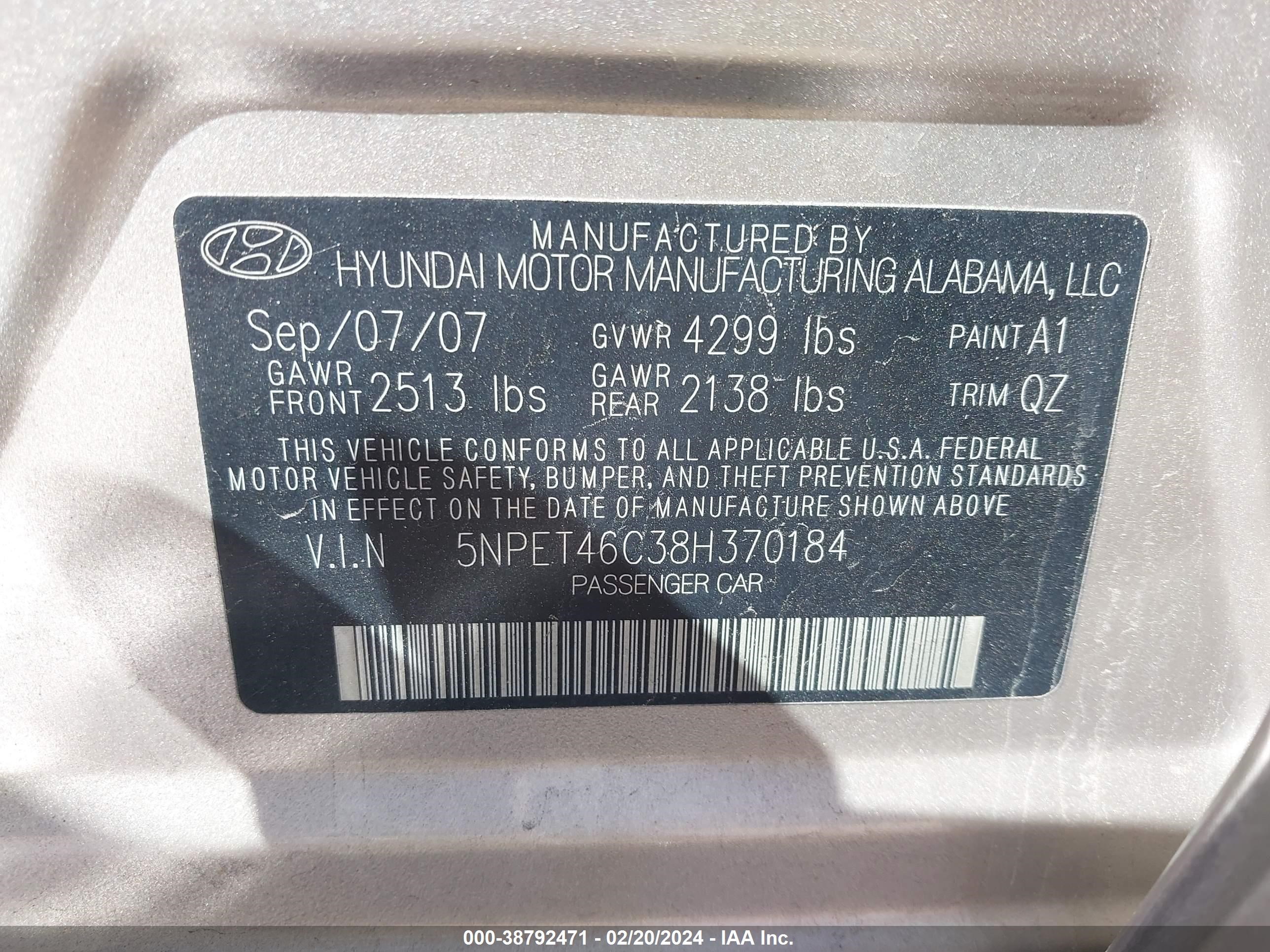 Photo 8 VIN: 5NPET46C38H370184 - HYUNDAI SONATA 