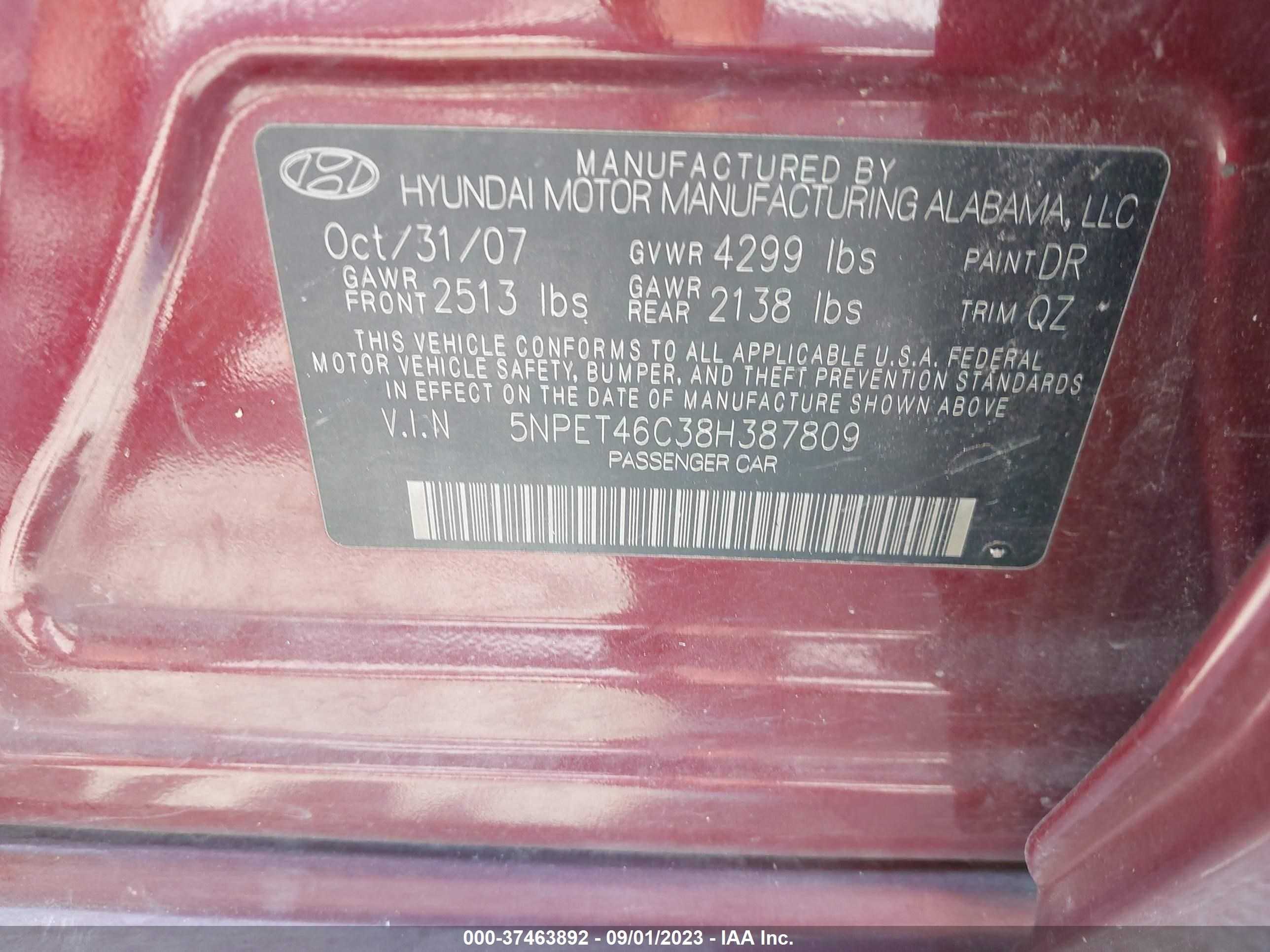 Photo 8 VIN: 5NPET46C38H387809 - HYUNDAI SONATA 