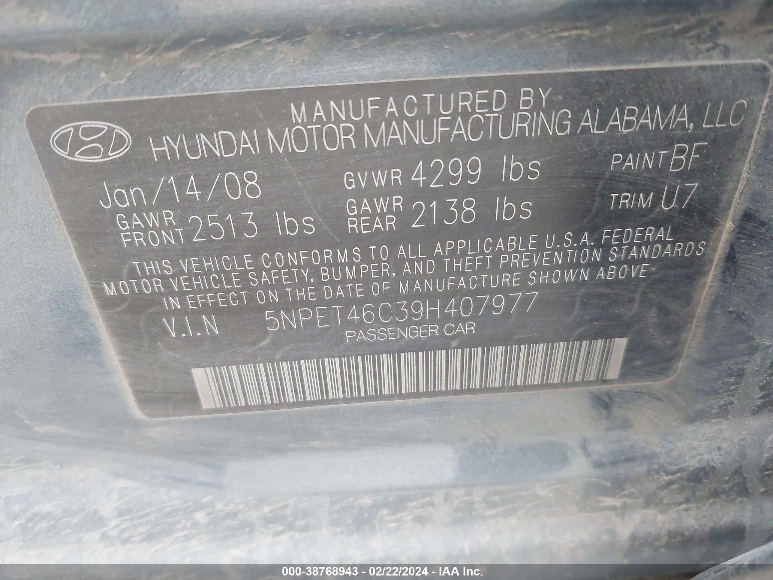 Photo 8 VIN: 5NPET46C39H407977 - HYUNDAI SONATA 