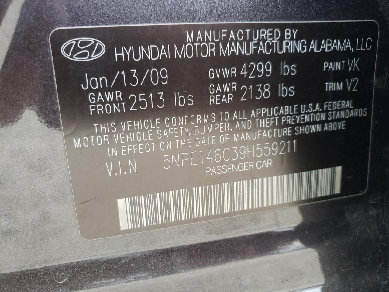 Photo 11 VIN: 5NPET46C39H559211 - HYUNDAI SONATA 