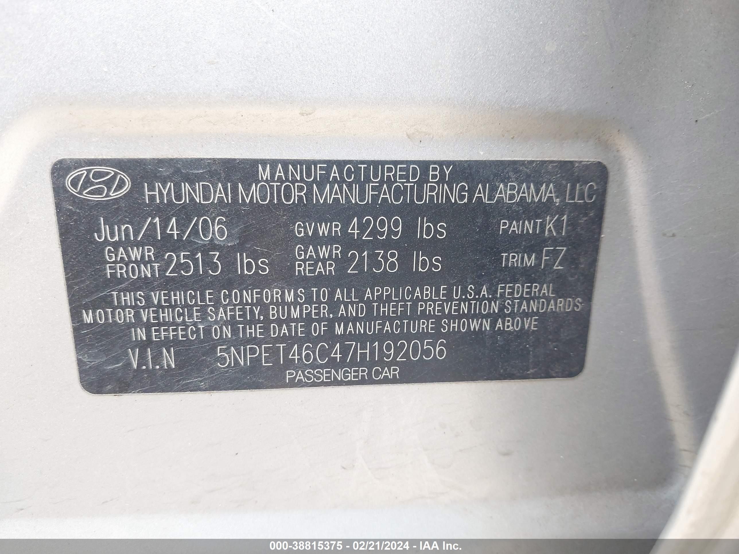 Photo 8 VIN: 5NPET46C47H192056 - HYUNDAI SONATA 