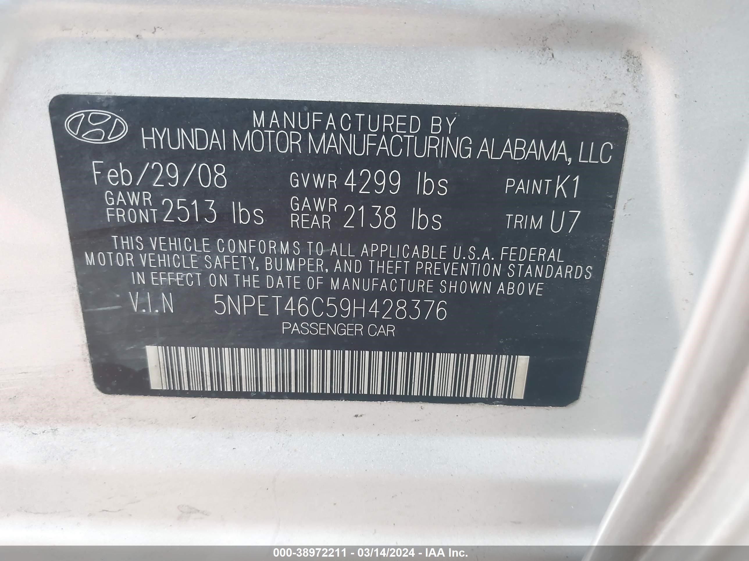 Photo 8 VIN: 5NPET46C59H428376 - HYUNDAI SONATA 