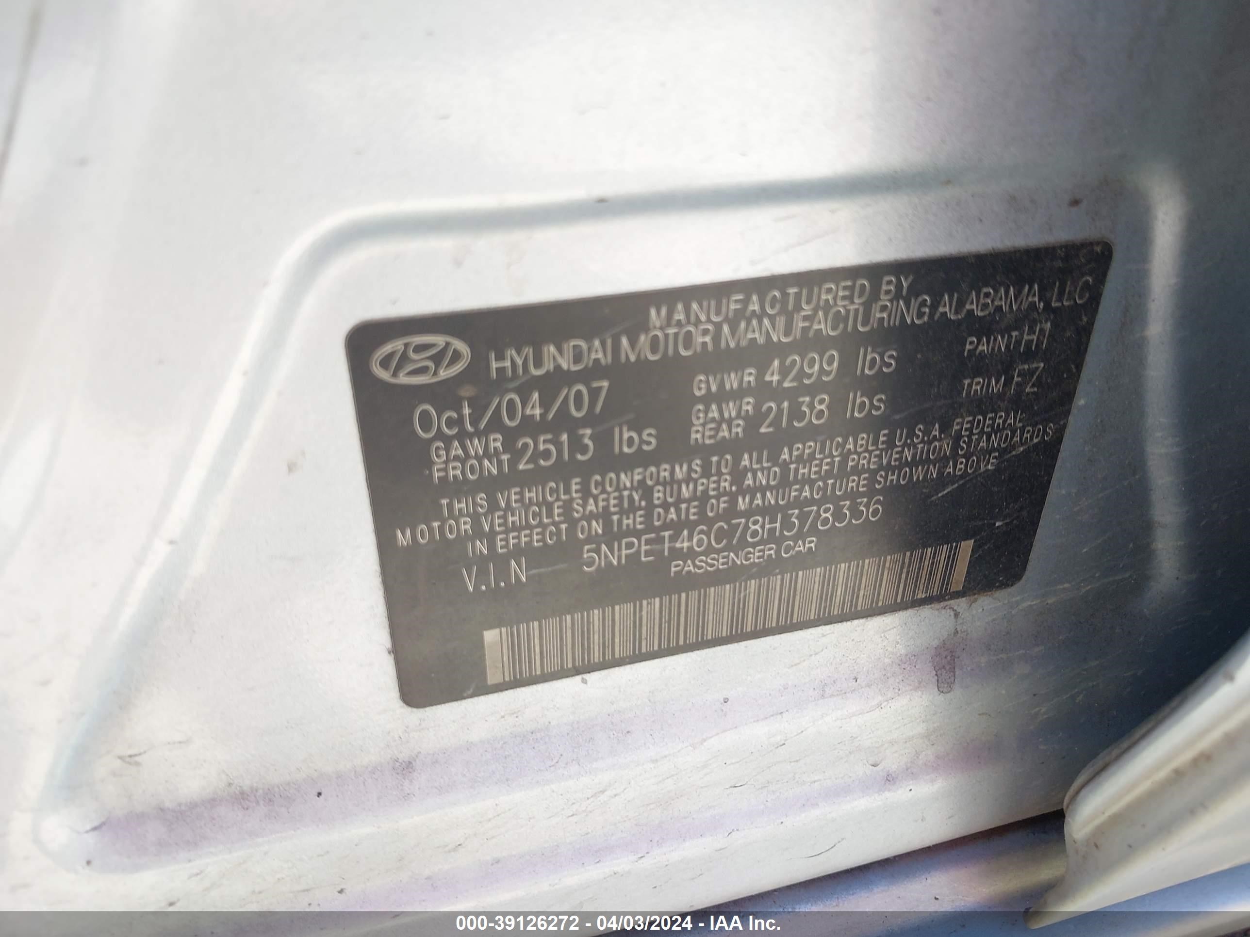 Photo 8 VIN: 5NPET46C78H378336 - HYUNDAI SONATA 