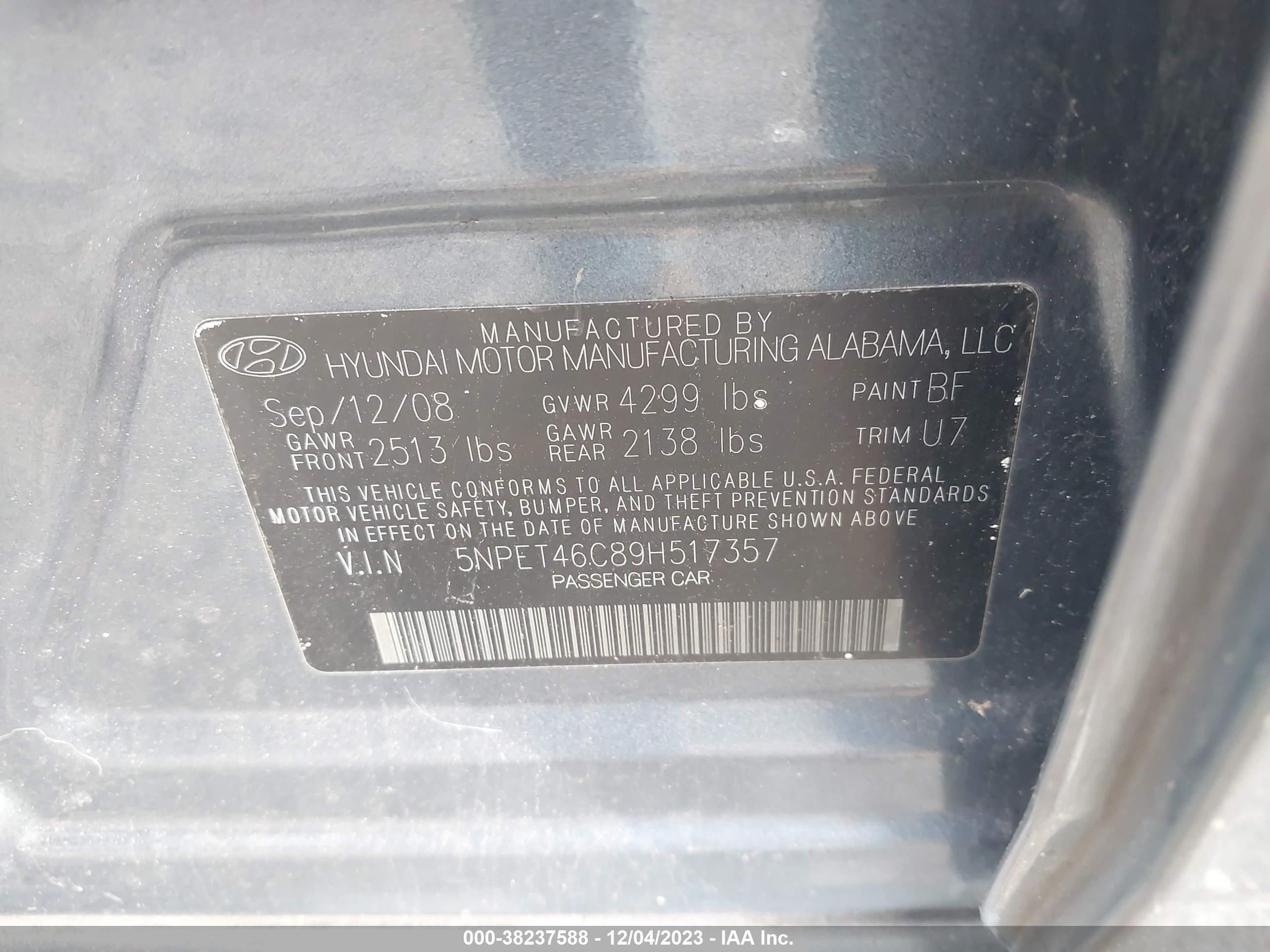 Photo 8 VIN: 5NPET46C89H517357 - HYUNDAI SONATA 