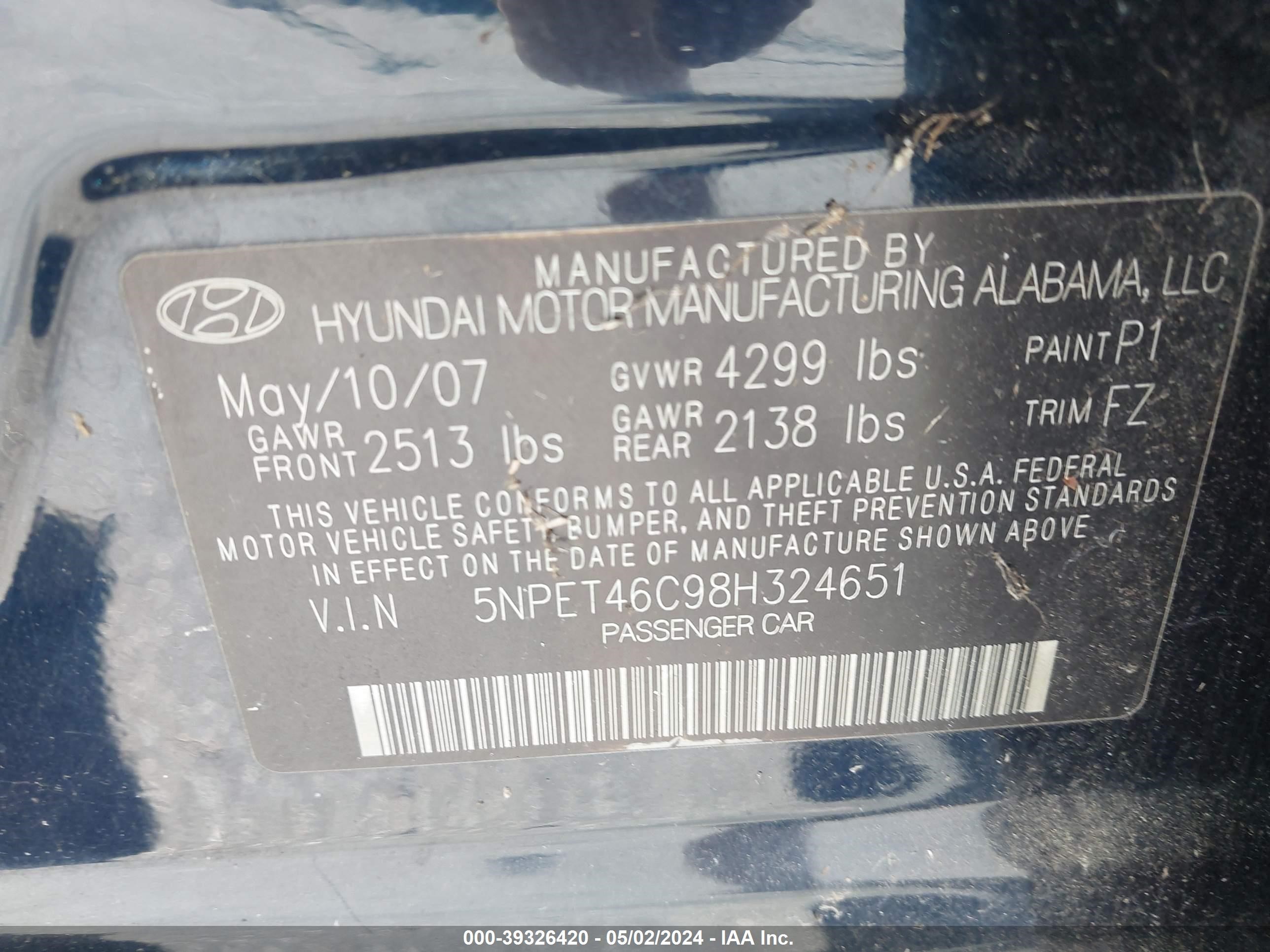 Photo 8 VIN: 5NPET46C98H324651 - HYUNDAI SONATA 