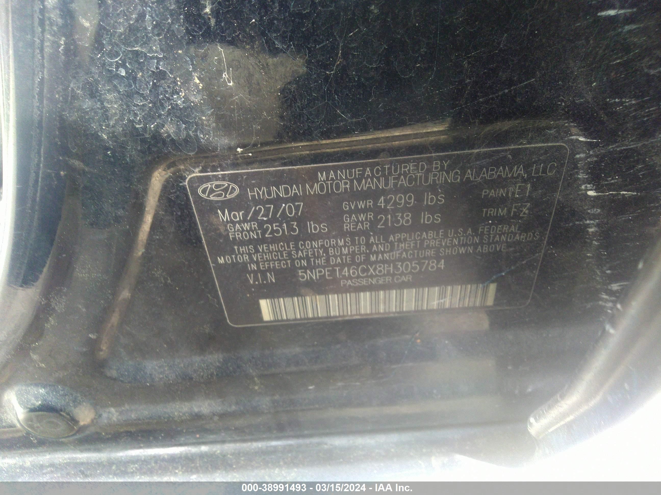 Photo 8 VIN: 5NPET46CX8H305784 - HYUNDAI SONATA 