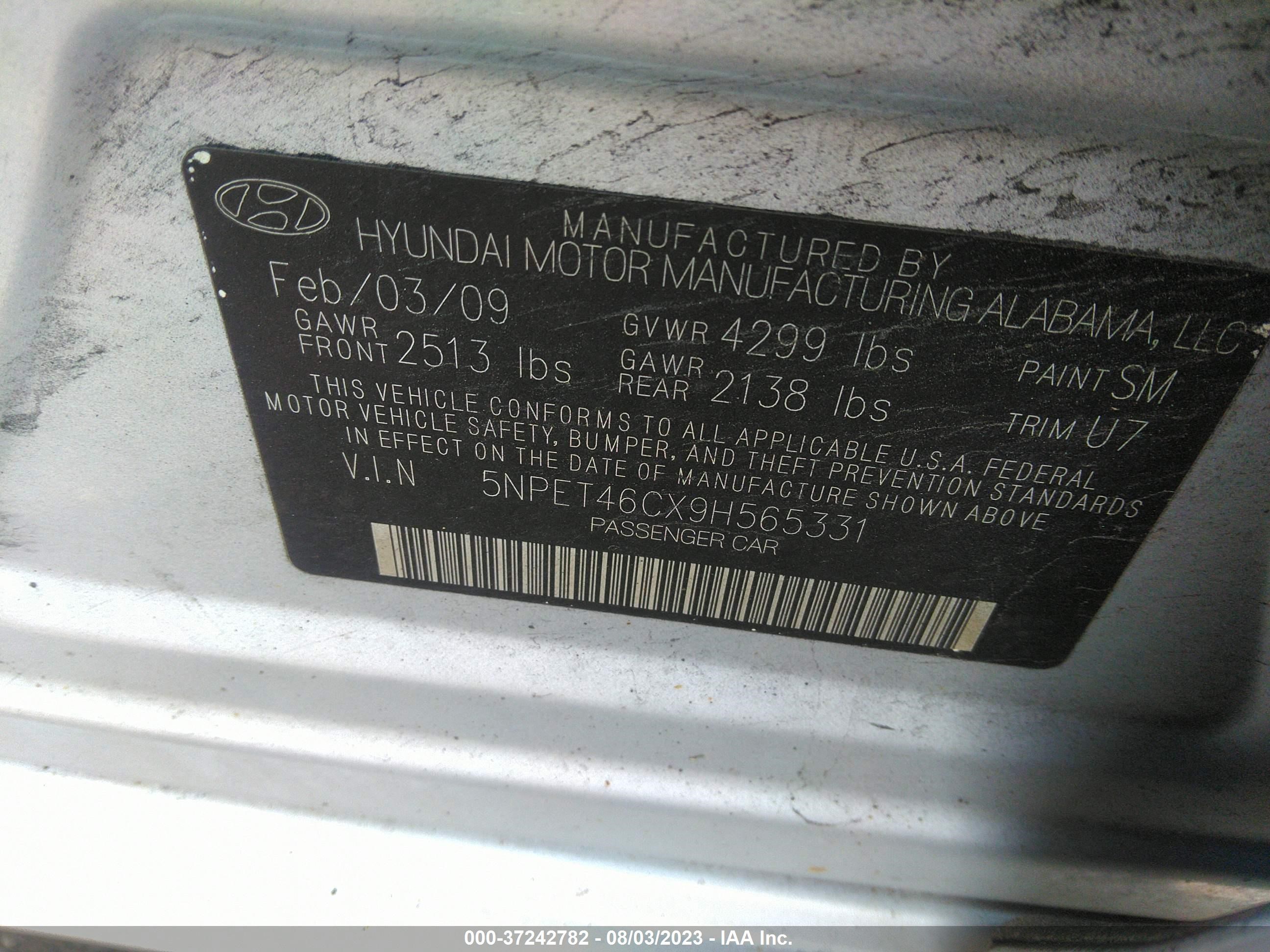 Photo 8 VIN: 5NPET46CX9H565331 - HYUNDAI SONATA 