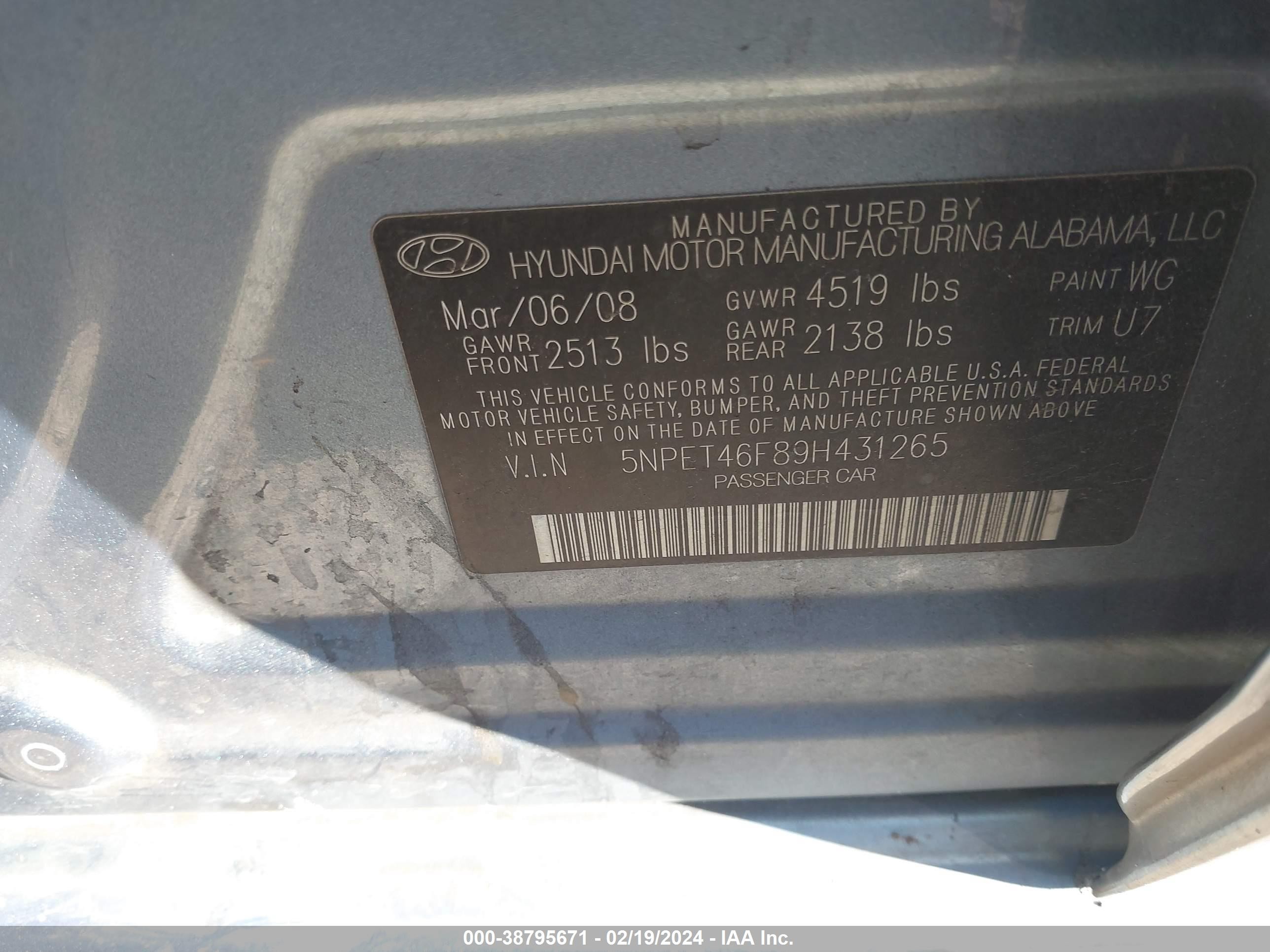 Photo 8 VIN: 5NPET46F89H431265 - HYUNDAI SONATA 