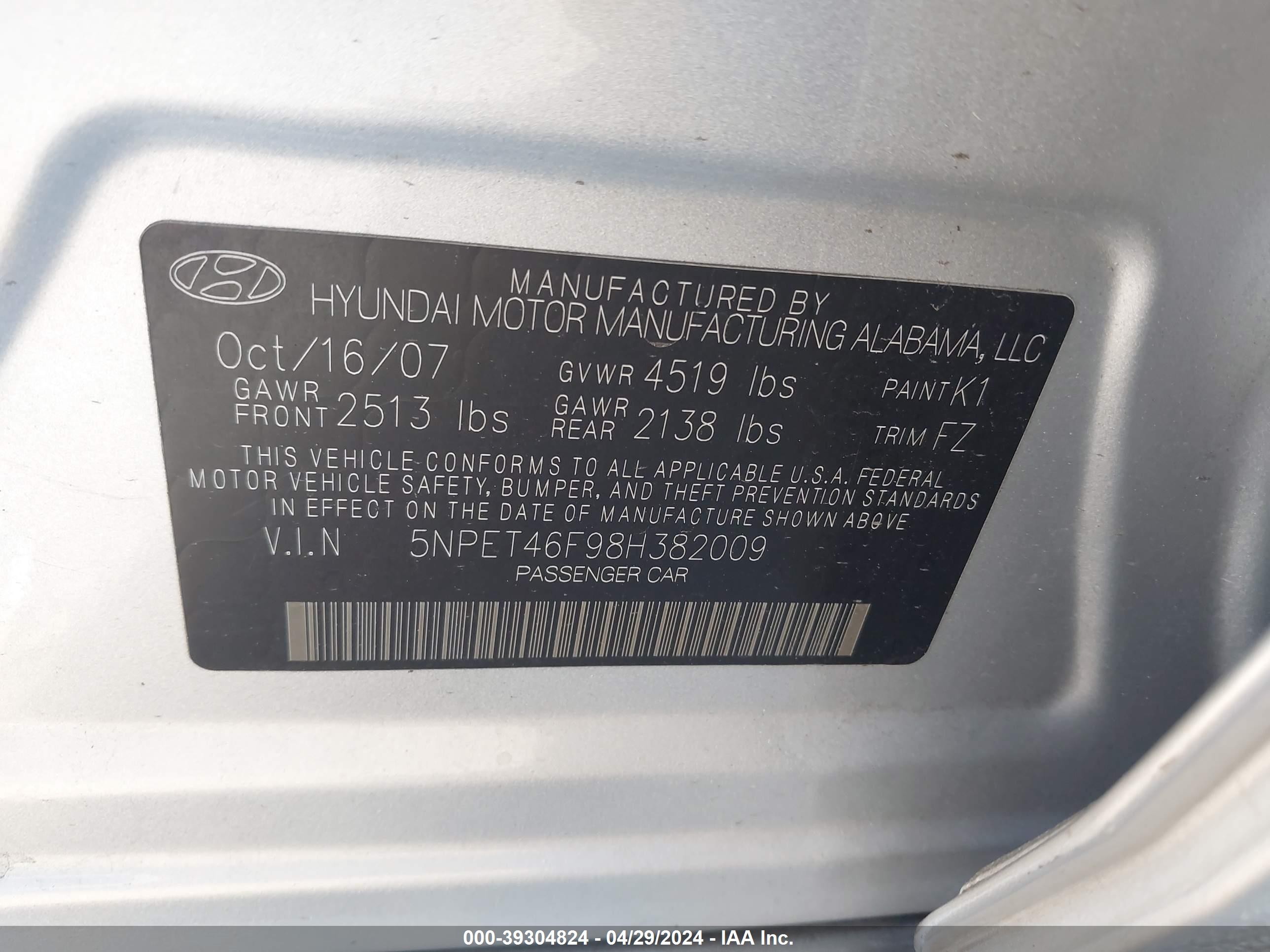 Photo 8 VIN: 5NPET46F98H382009 - HYUNDAI SONATA 