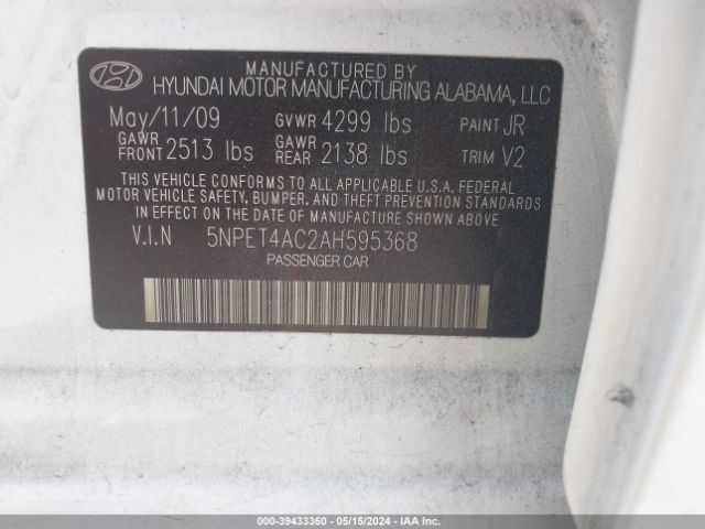 Photo 8 VIN: 5NPET4AC2AH595368 - HYUNDAI SONATA 