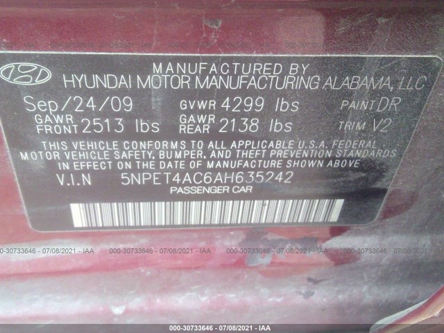 Photo 8 VIN: 5NPET4AC6AH635242 - HYUNDAI SONATA 