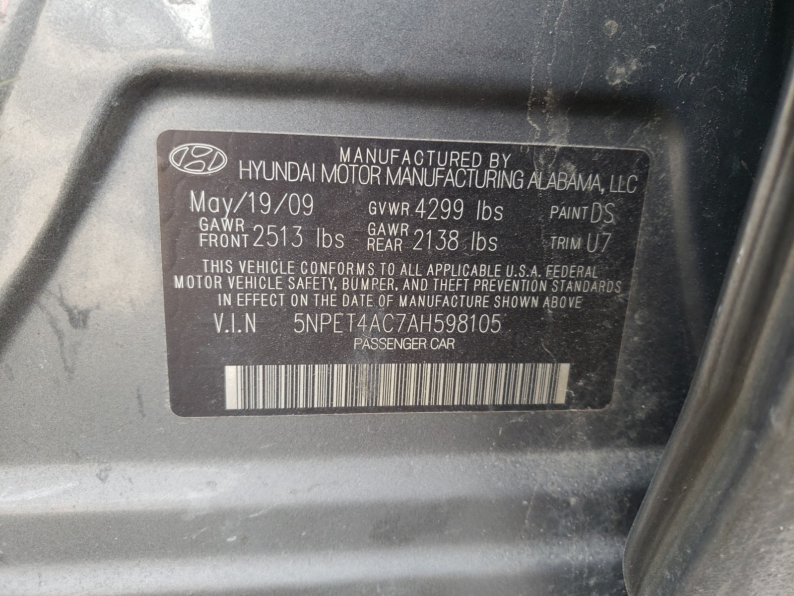 Photo 9 VIN: 5NPET4AC7AH598105 - HYUNDAI SONATA GLS 