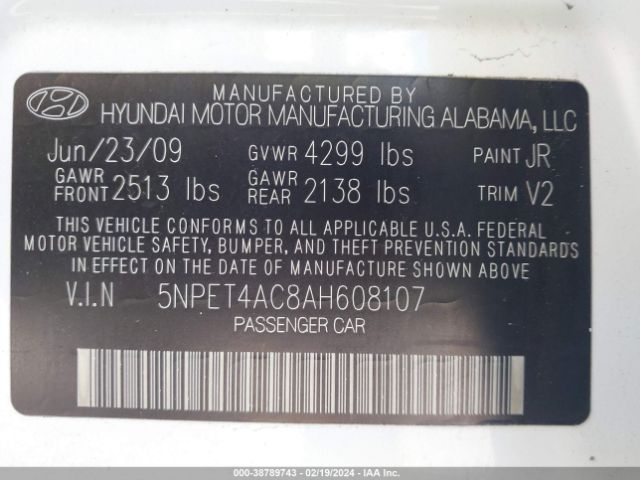 Photo 8 VIN: 5NPET4AC8AH608107 - HYUNDAI SONATA 