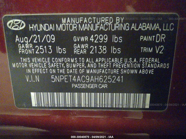 Photo 8 VIN: 5NPET4AC9AH625241 - HYUNDAI SONATA 