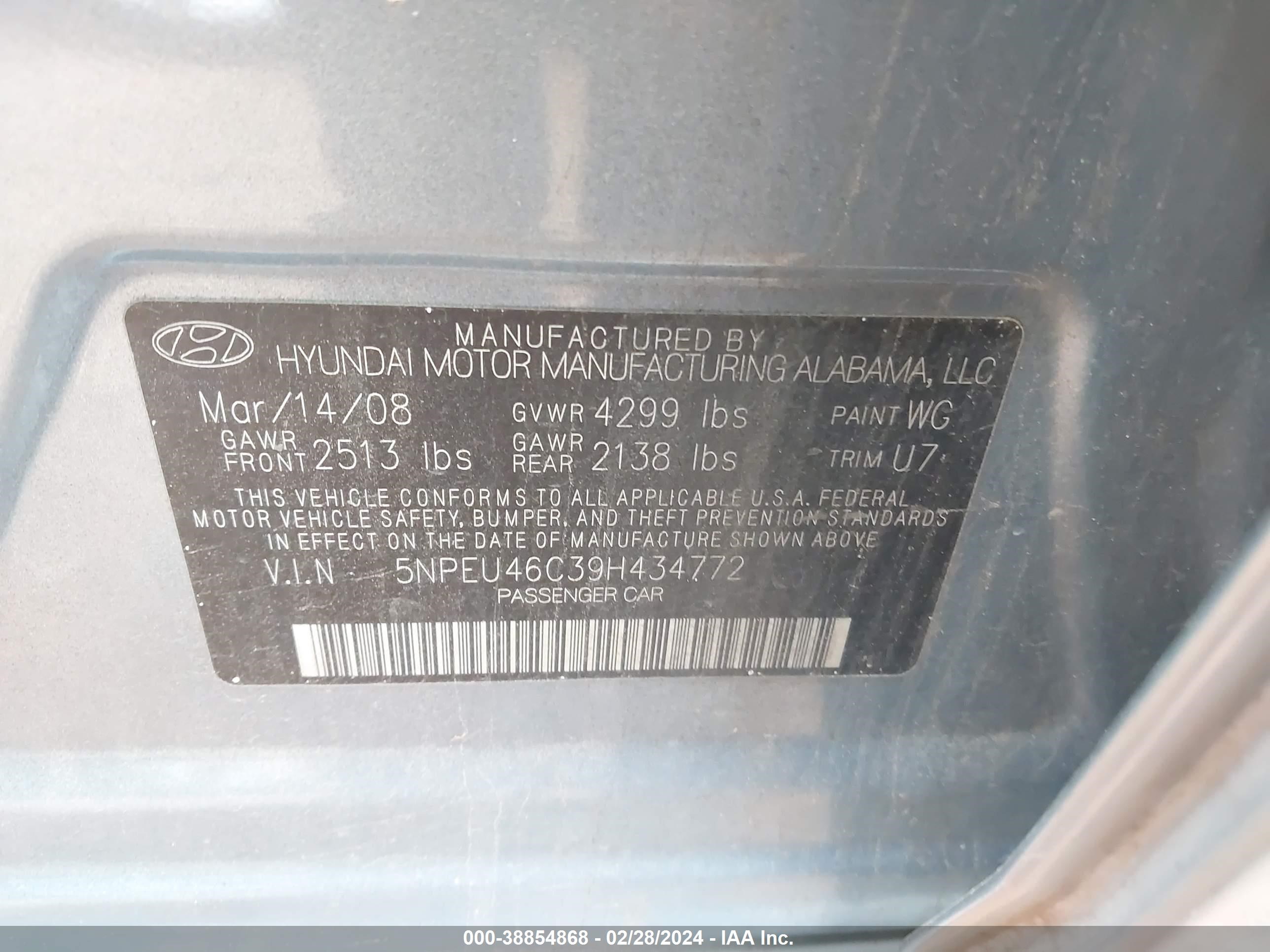 Photo 8 VIN: 5NPEU46C39H434772 - HYUNDAI SONATA 