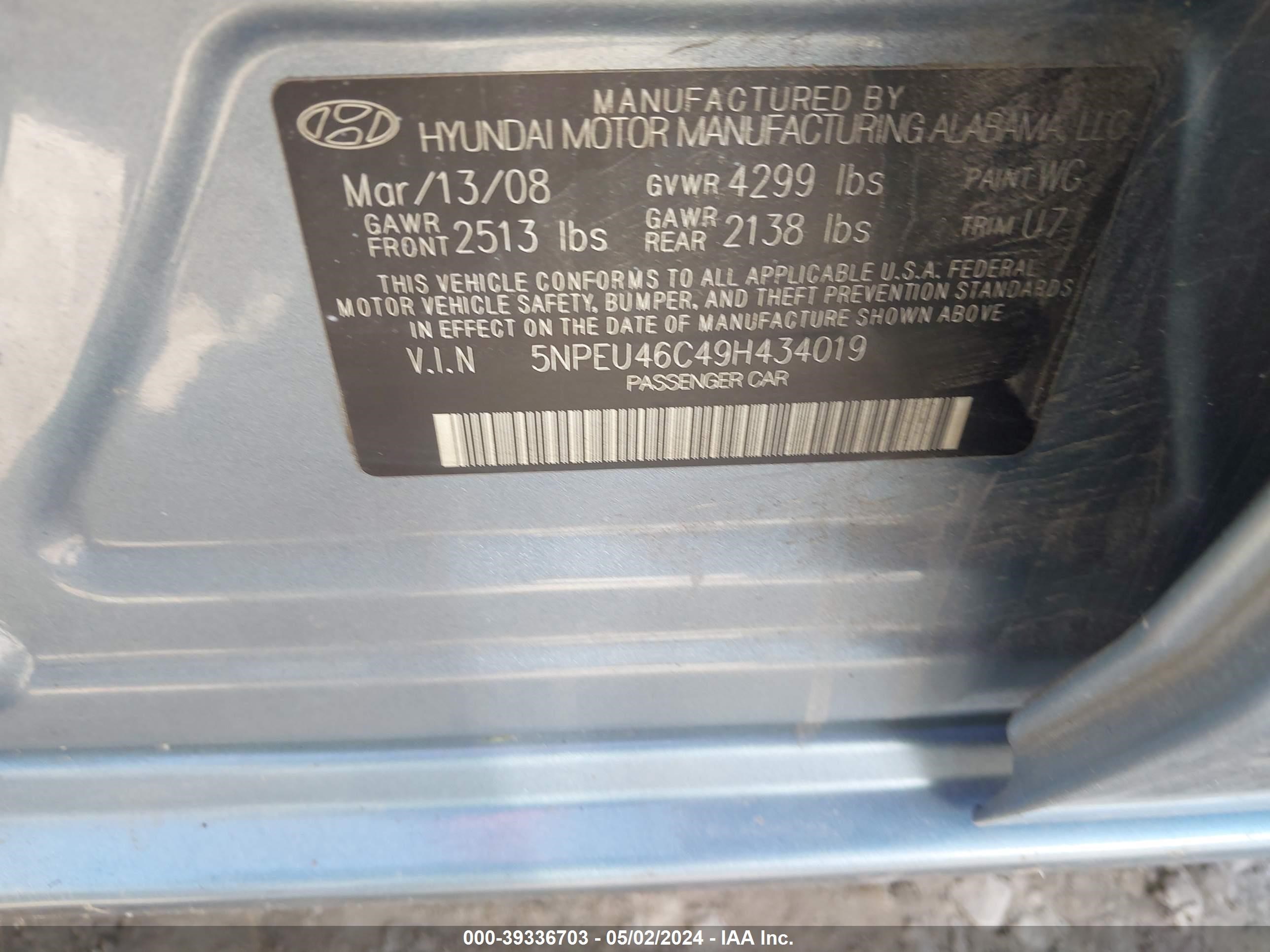 Photo 8 VIN: 5NPEU46C49H434019 - HYUNDAI SONATA 