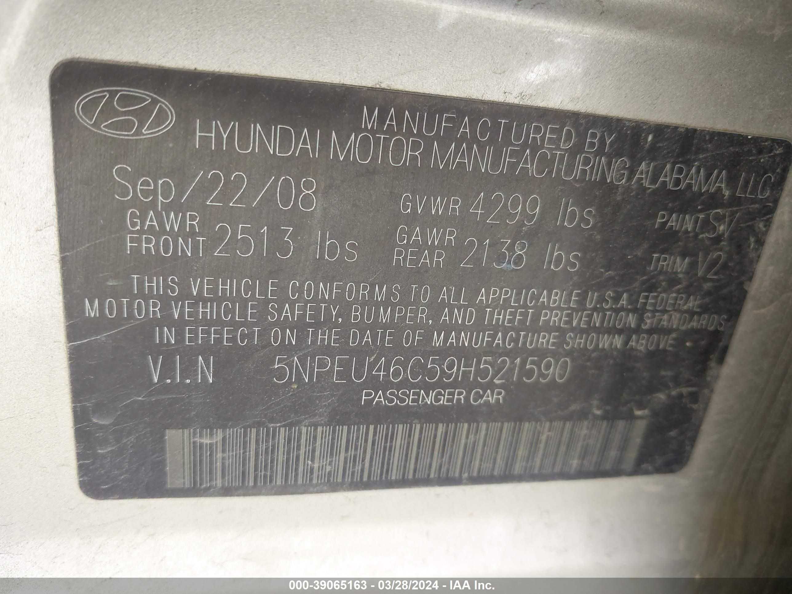 Photo 8 VIN: 5NPEU46C59H521590 - HYUNDAI SONATA 