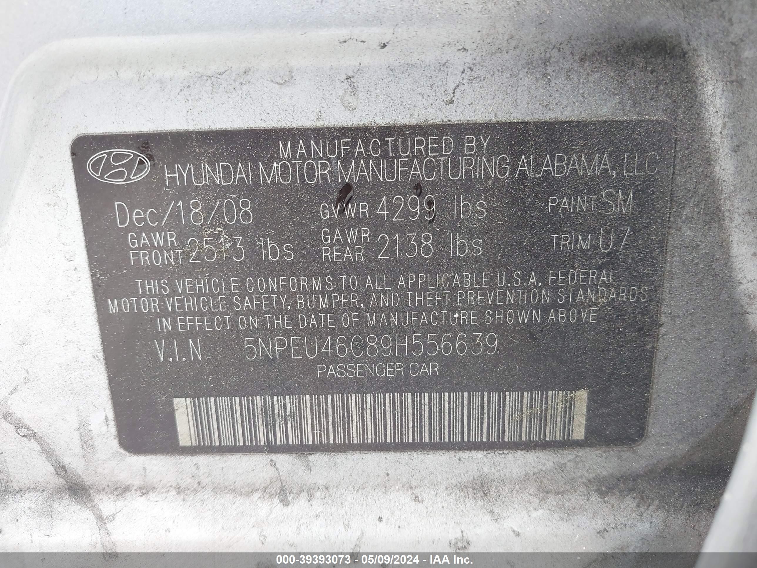 Photo 8 VIN: 5NPEU46C89H556639 - HYUNDAI SONATA 