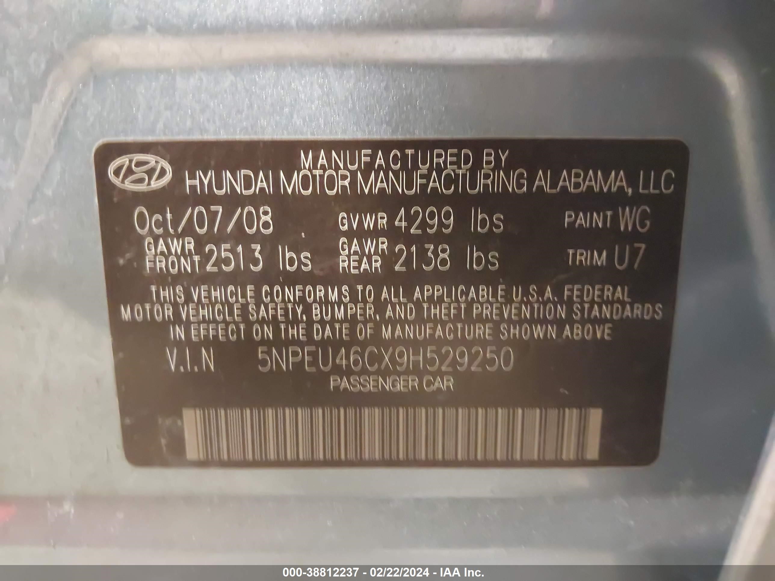 Photo 8 VIN: 5NPEU46CX9H529250 - HYUNDAI SONATA 