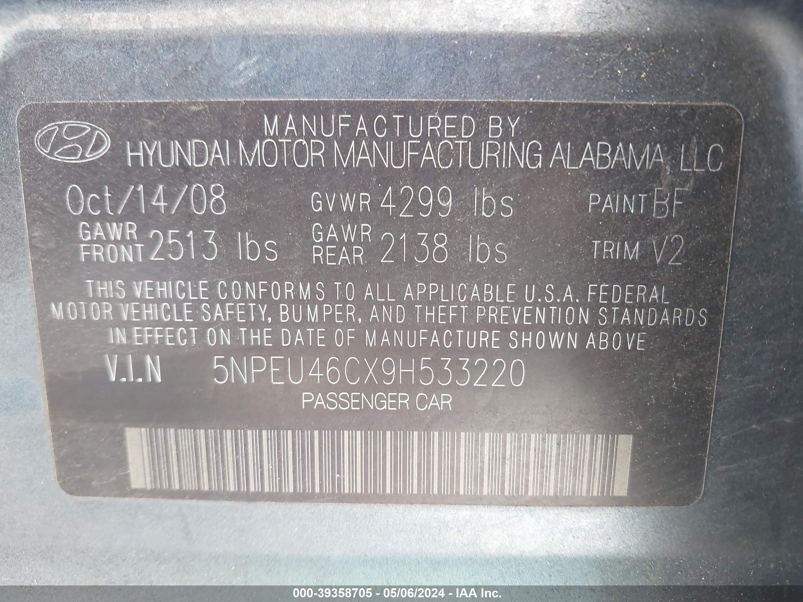 Photo 8 VIN: 5NPEU46CX9H533220 - HYUNDAI SONATA 