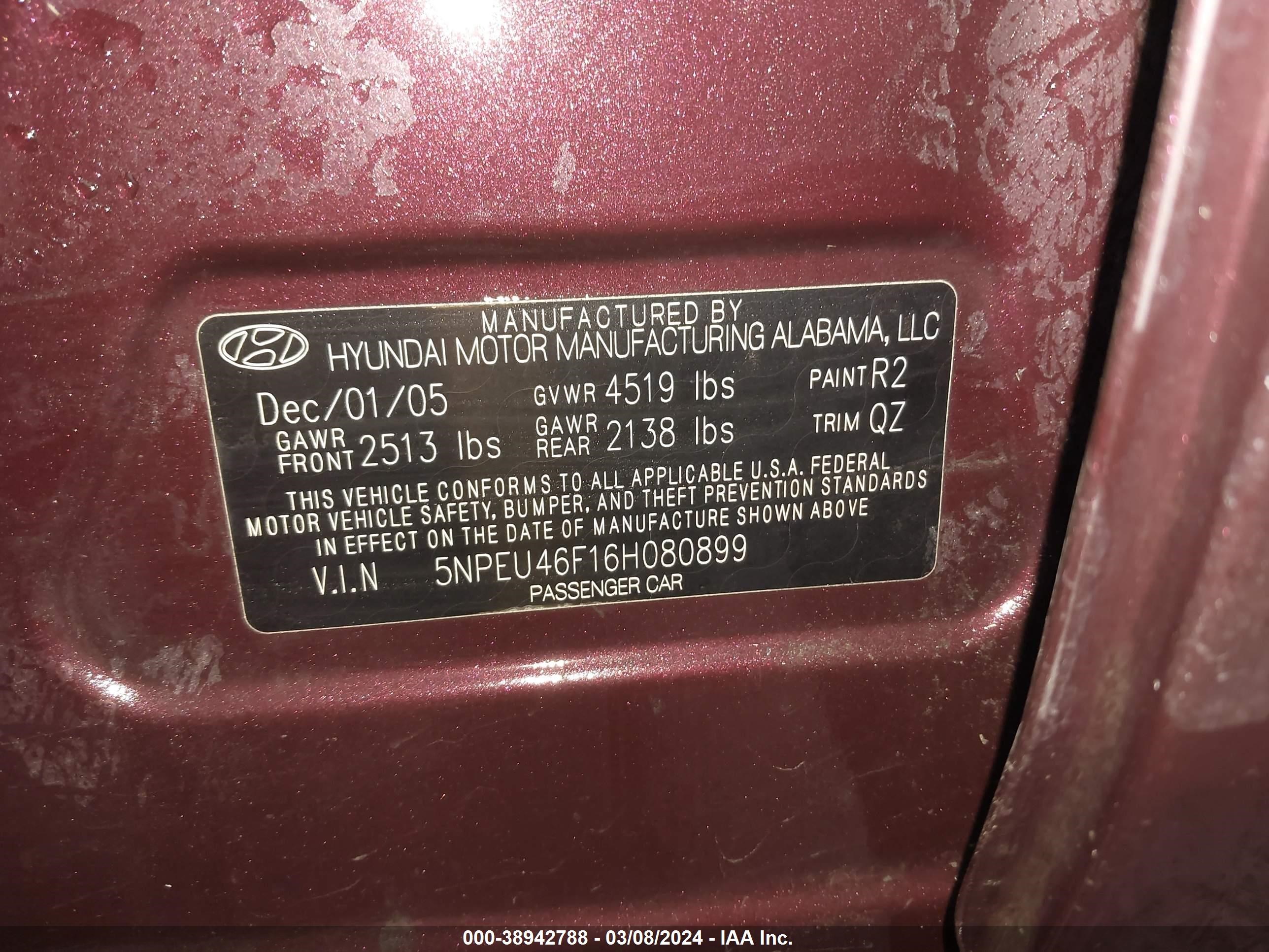 Photo 8 VIN: 5NPEU46F16H080899 - HYUNDAI SONATA 